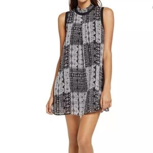 BCBGeneration Women S Patchwork Print Contrast Trim Black Mini Tent Dress Flowy